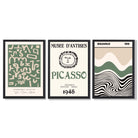 Set of 3 Picasso Abstract Modern Green and Beige Art Prints in Black Frames | Artze UK