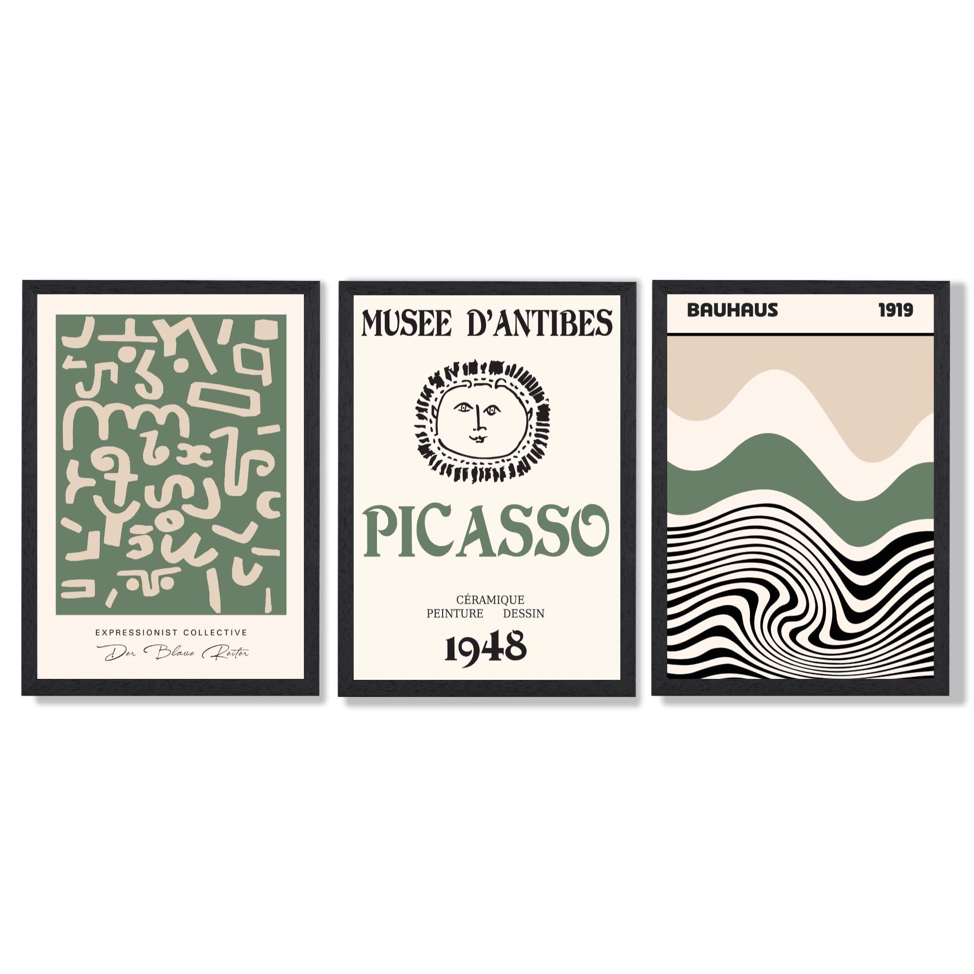 Set of 3 Picasso Abstract Modern Green and Beige Art Prints in Black Frames | Artze UK