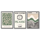 Set of 3 Picasso Abstract Modern Green and Beige Framed Wall Art with Dark Grey Wooden Frames