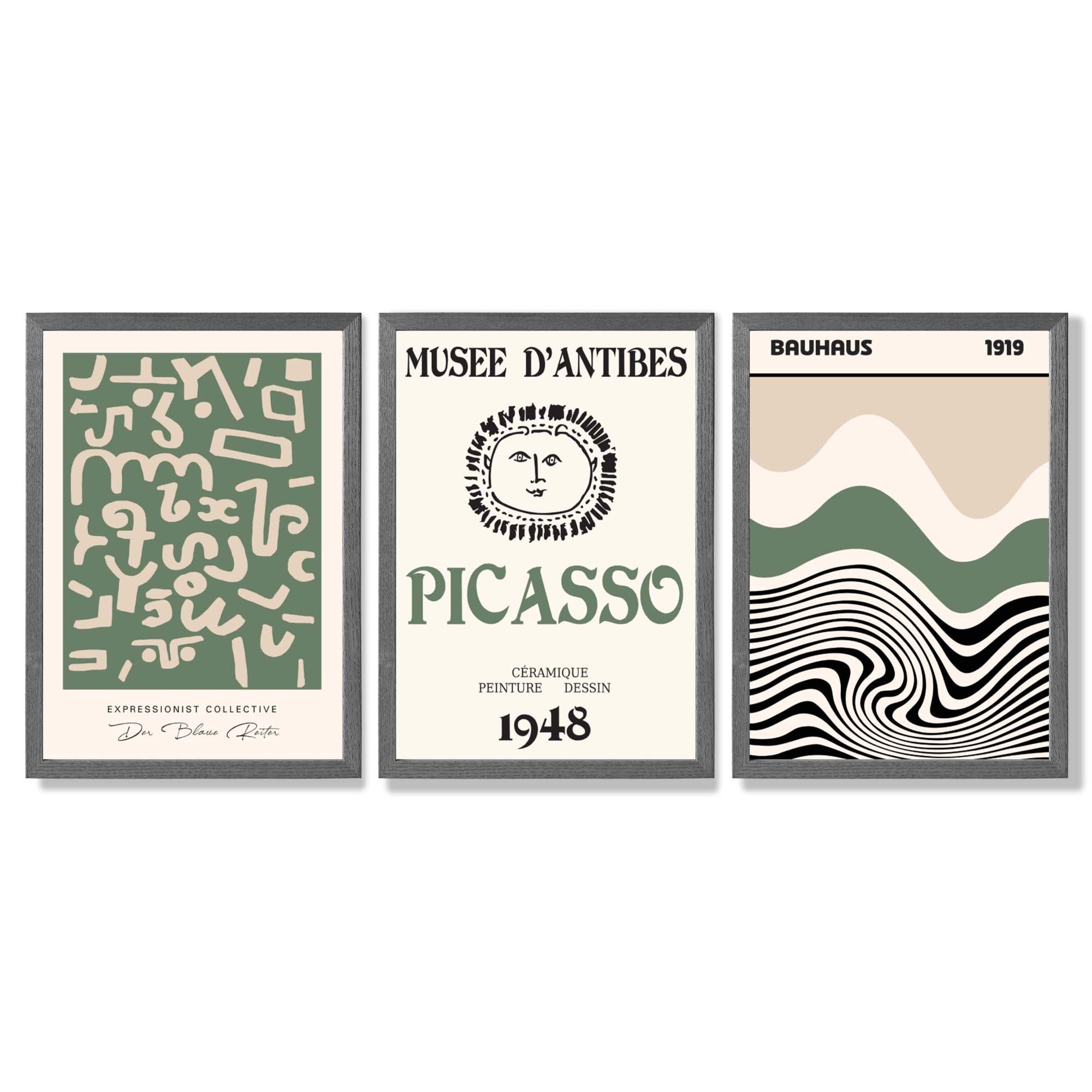 Set of 3 Picasso Abstract Modern Green and Beige Framed Wall Art with Dark Grey Wooden Frames