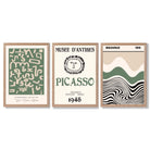 Set of 3 Picasso Abstract Modern Green and Beige Framed Wall Art with Light Oak Frames
