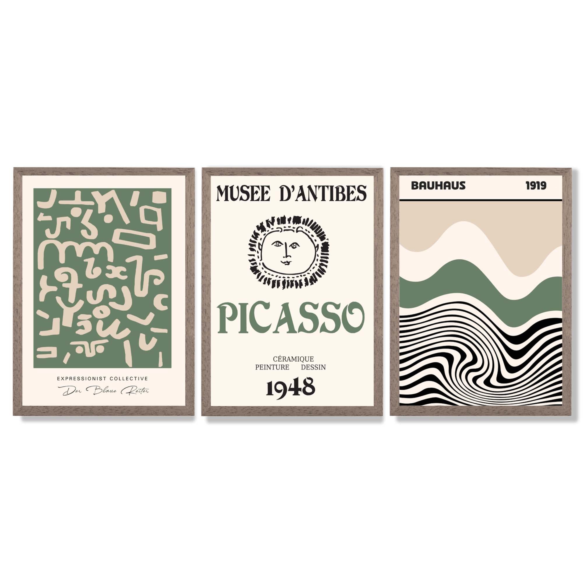 Set of 3 Picasso Abstract Modern Green and Beige Framed Wall Art with Light Walnut Frames