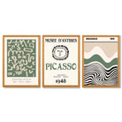 Set of 3 Picasso Abstract Modern Green and Beige Framed Wall Art with Oak Wooden Frames