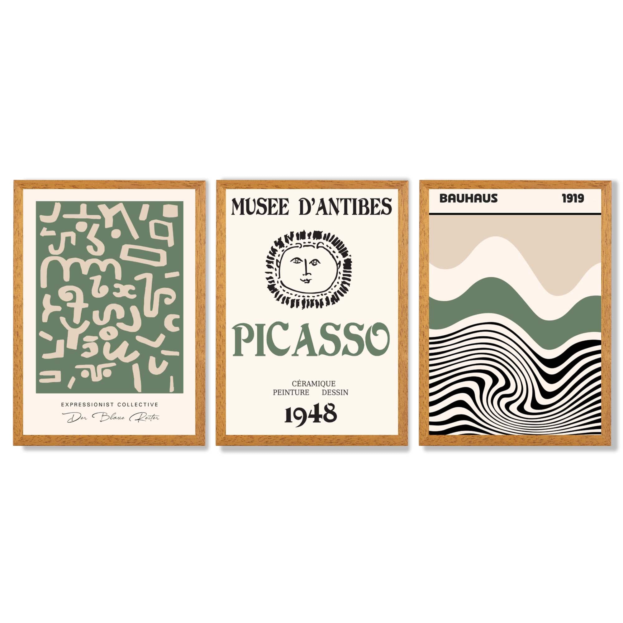Set of 3 Picasso Abstract Modern Green and Beige Framed Wall Art with Oak Wooden Frames