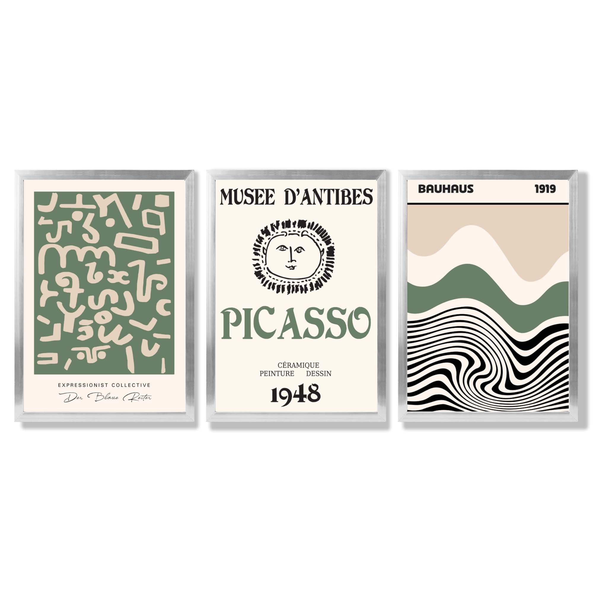 Set of 3 Picasso Abstract Modern Green and Beige Framed Wall Art with Silver Wood Frames