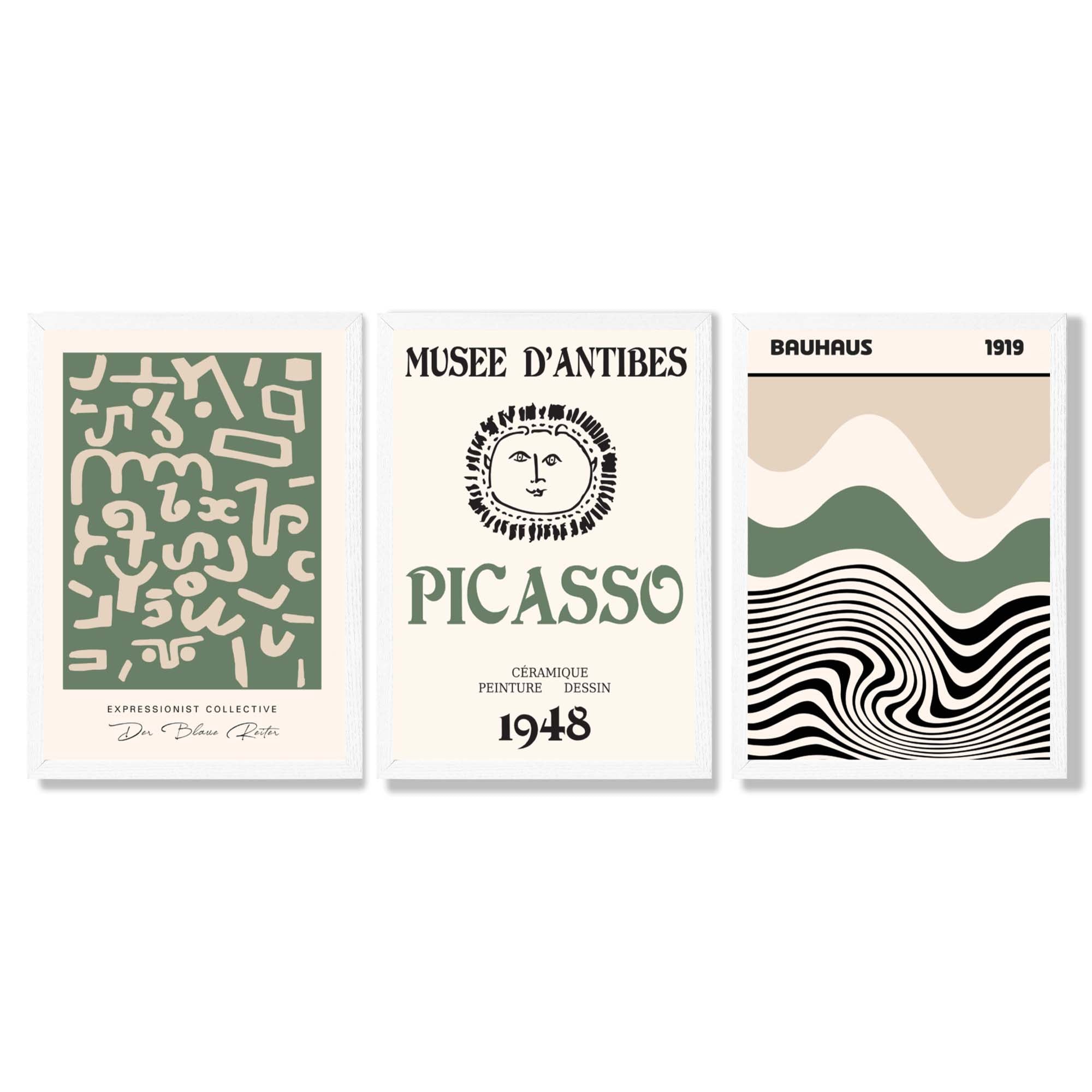 Set of 3 Picasso Abstract Modern Green and Beige Framed Wall Art with White Wooden Frames