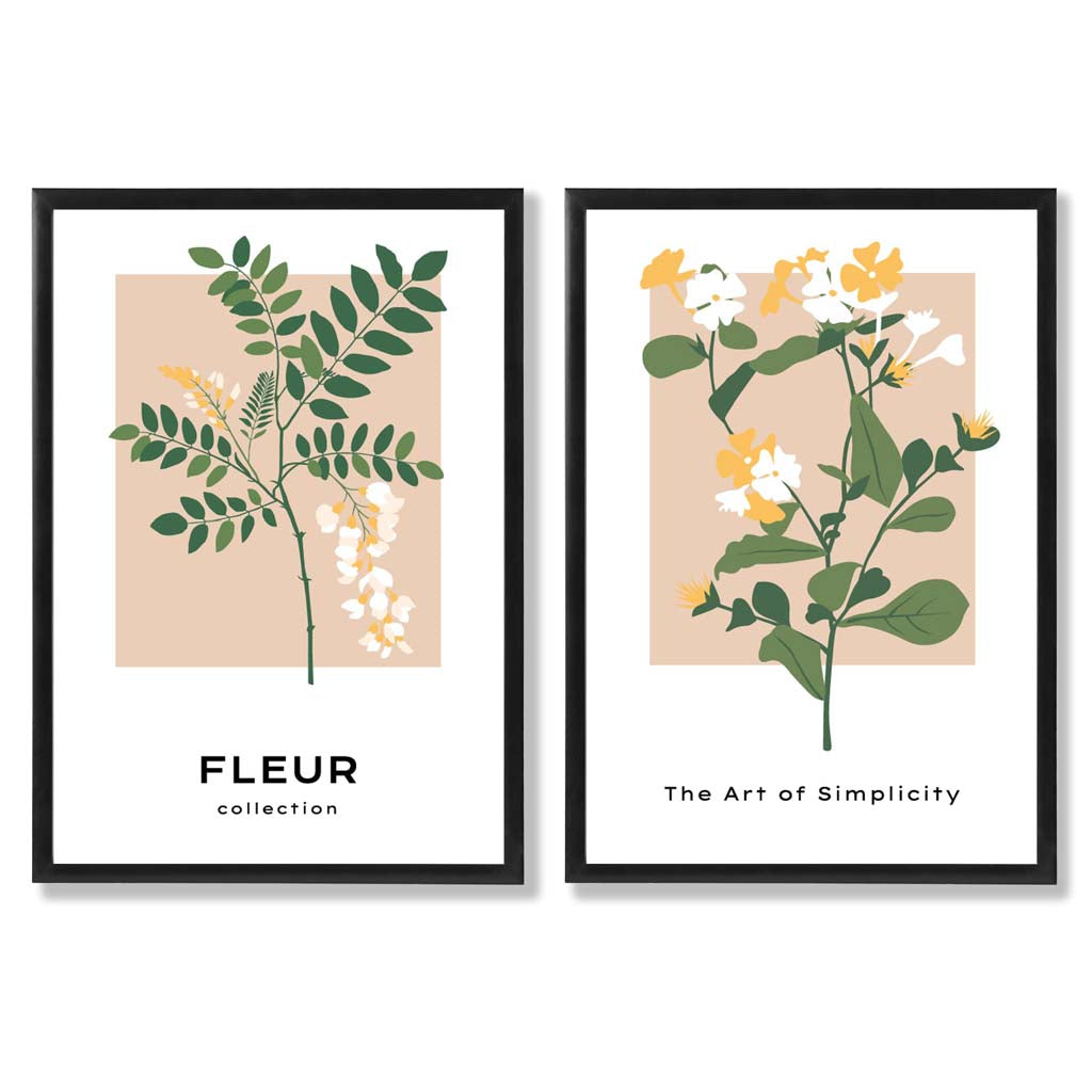 Beige Green Wild Flowers Set of 2 Art Prints with Black Frame