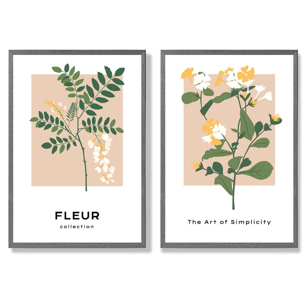 Beige Green Wild Flowers Set of 2 Art Prints with Dark Grey Frame