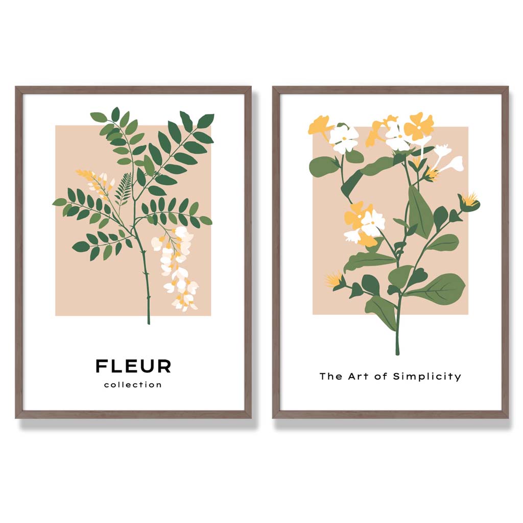 Beige Green Wild Flowers Set of 2 Art Prints with Walnut Frame