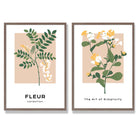 Beige Green Wild Flowers Set of 2 Art Prints with Walnut Frame