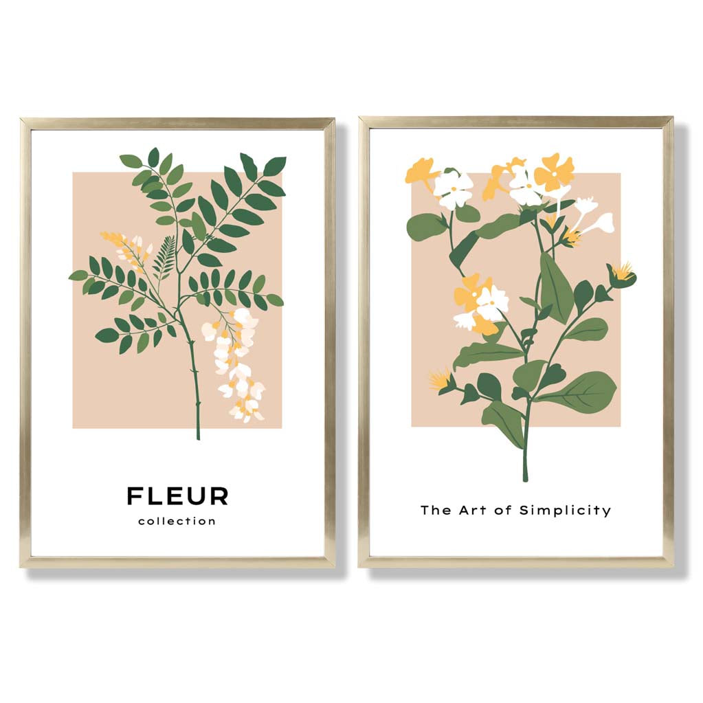 Beige Green Wild Flowers Set of 2 Art Prints with Gold Frame