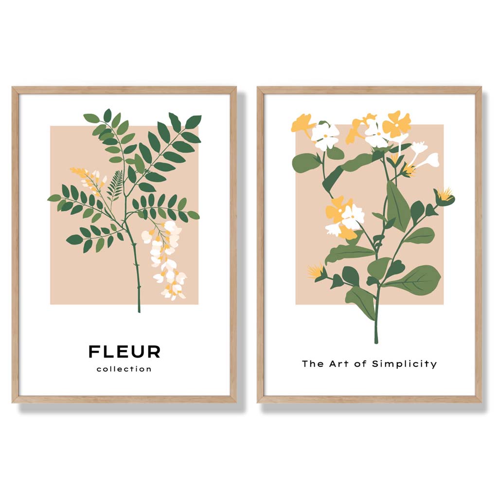 Beige Green Wild Flowers Set of 2 Art Prints with Oak Frame