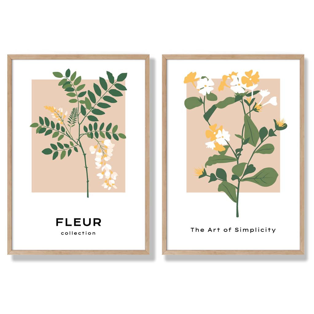 Beige Green Wild Flowers Set of 2 Art Prints with Oak Frame