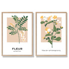 Beige Green Wild Flowers Set of 2 Art Prints with Oak Frame