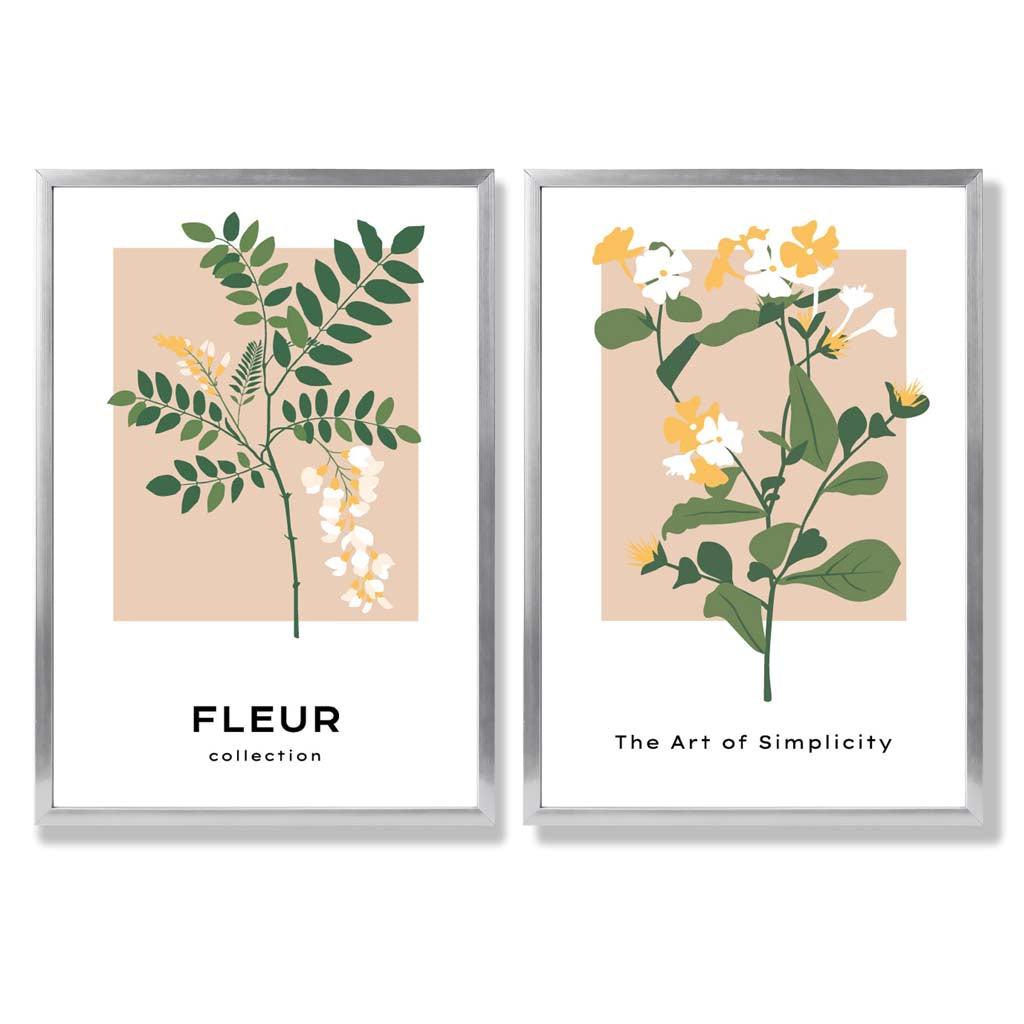 Beige Green Wild Flowers Set of 2 Art Prints with Silver Frame