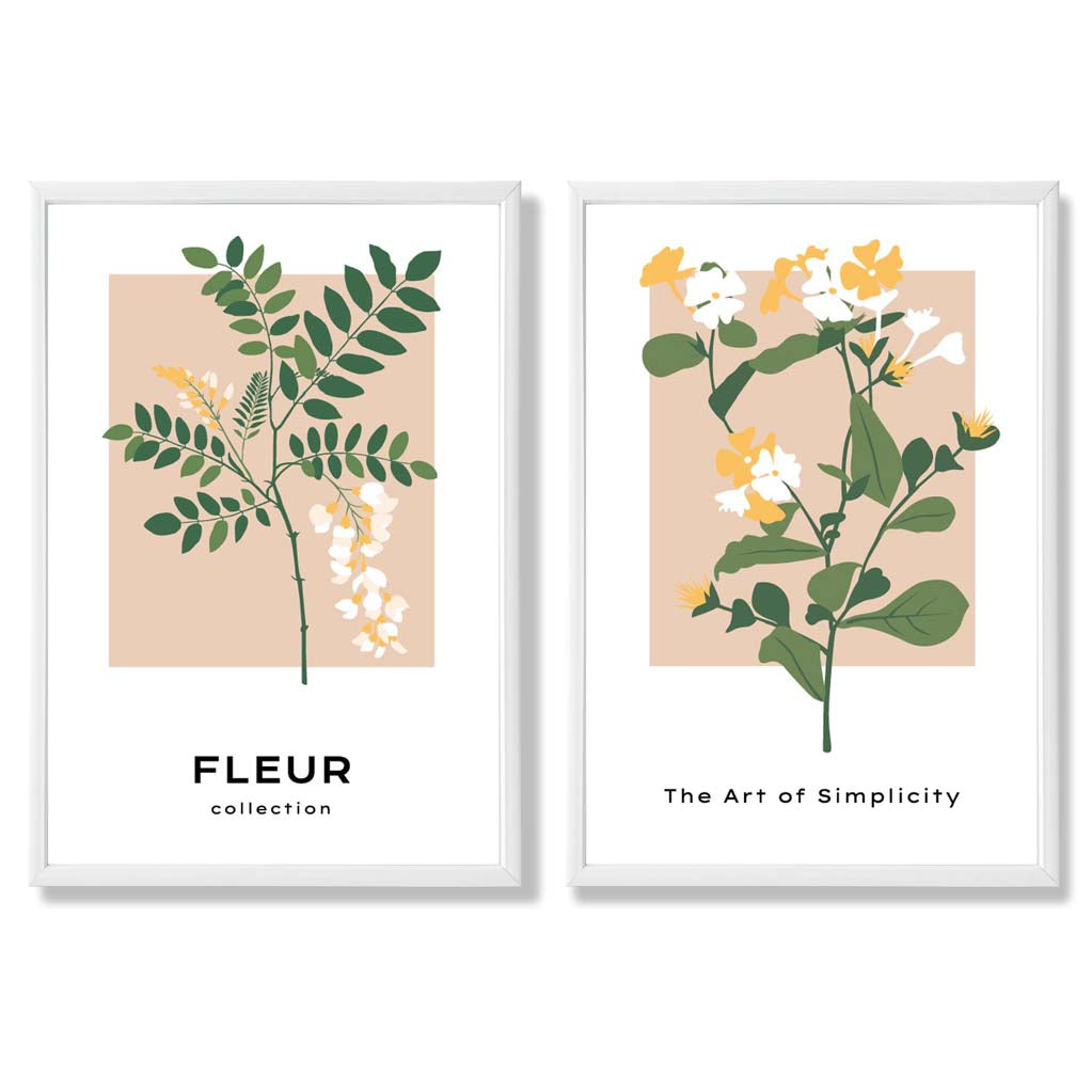Beige Green Wild Flowers Set of 2 Art Prints with White Frame