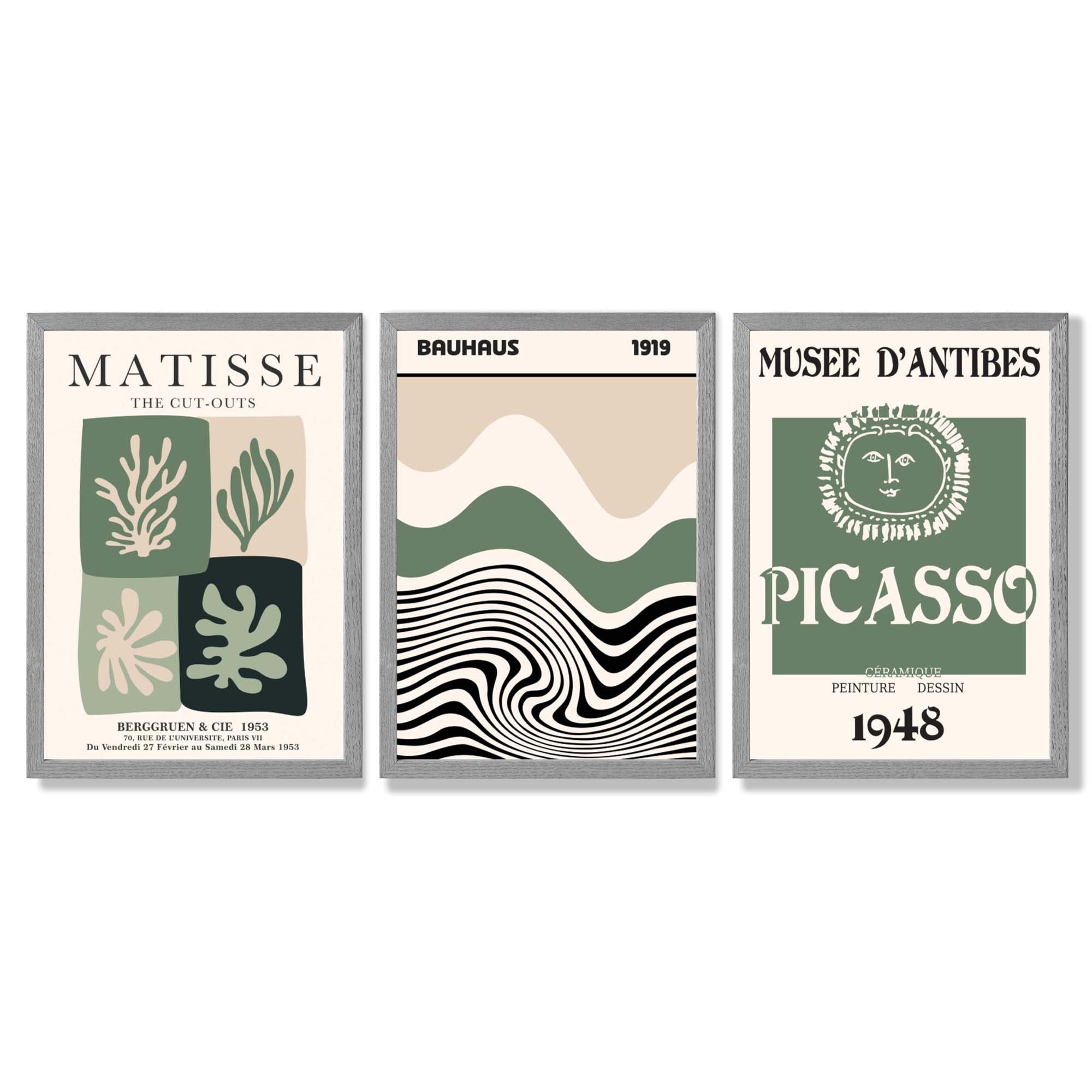 Sage Green and Beige Set of 3 Modern Framed Wall Art with Light Grey Wooden Frames