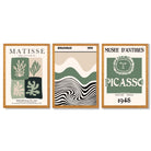 Sage Green and Beige Set of 3 Modern Framed Wall Art with Oak Wooden Frames