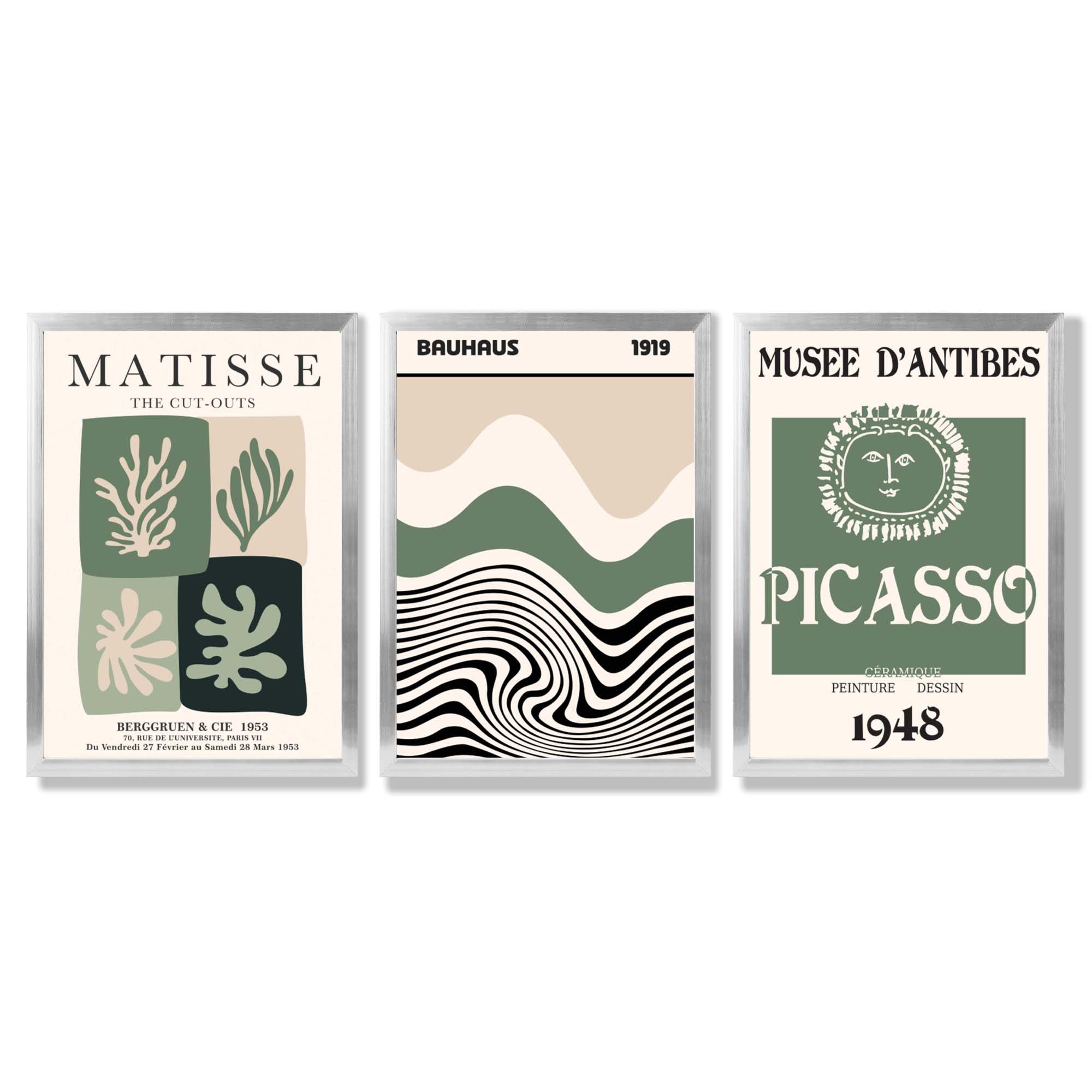Sage Green and Beige Set of 3 Modern Framed Wall Art with Silver Wood Frames