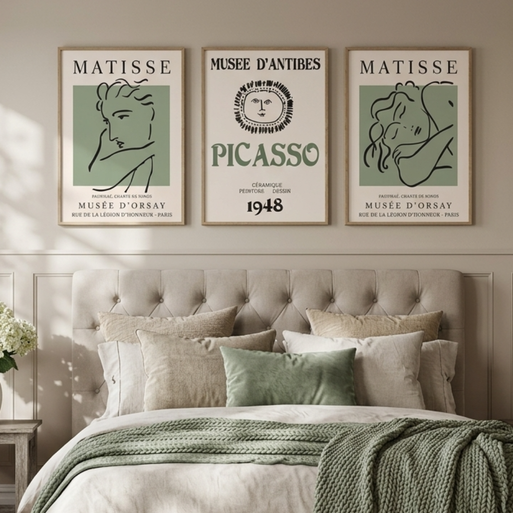 A styled bedroom scene with a bed dressed in neutral linens and a green knit throw, beneath three framed wall art prints featuring Matisse and Picasso. A small side table with white flowers sits beside a window, and the room has beige walls, wood flooring, and a tufted headboard.