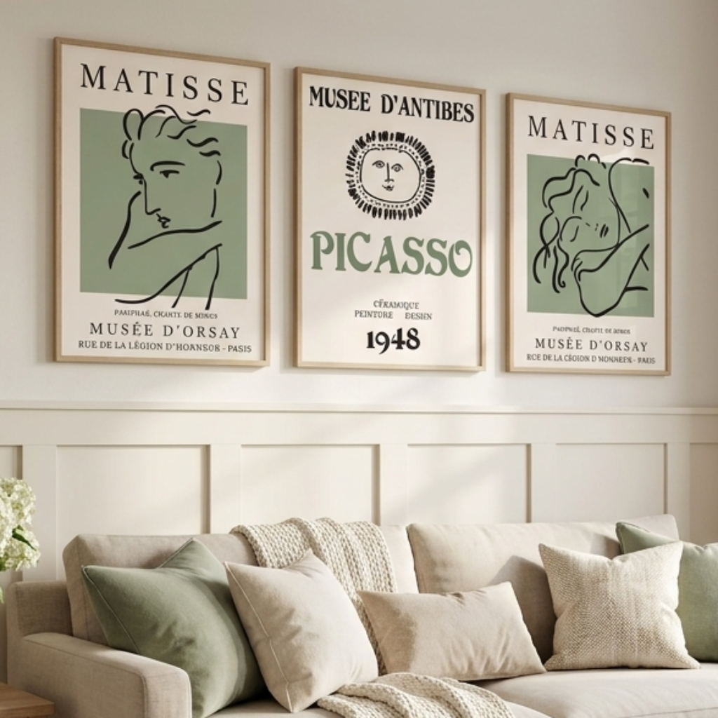 Three framed vintage-style wall art prints with Matisse and Picasso text hang above a light beige sofa in a bright living room with cream walls, wood wainscoting, a side table with flowers, and a window with sheer curtains.