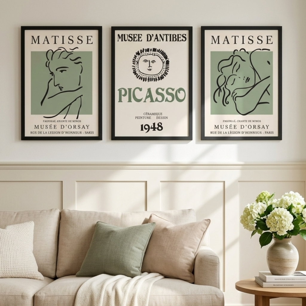 Three framed art prints featuring Matisse illustrations in muted green and black are displayed on a white wall above a beige sofa in a bright, modern living room.