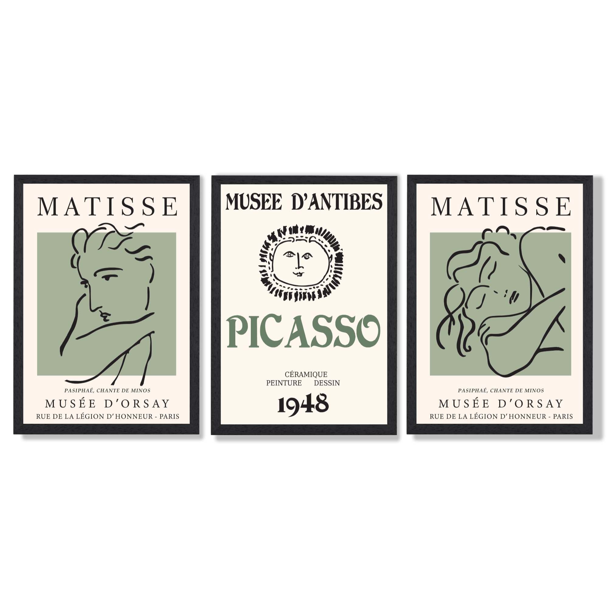 Modern Minimalist Fashion Set of 3 Green Framed Wall Art with Black Wooden Frames