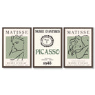 Modern Minimalist Fashion Set of 3 Green Framed Wall Art with Dark Wood Frames