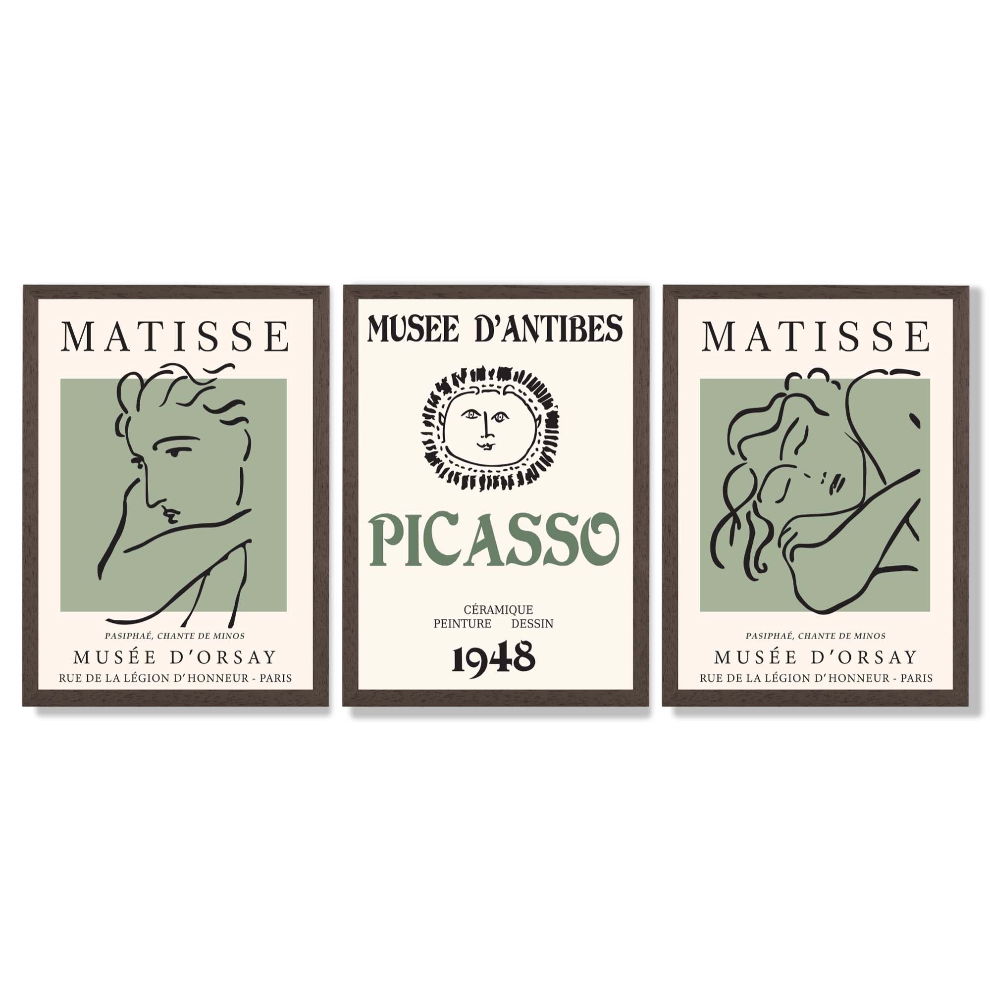 Modern Minimalist Fashion Set of 3 Green Framed Wall Art with Dark Wood Frames