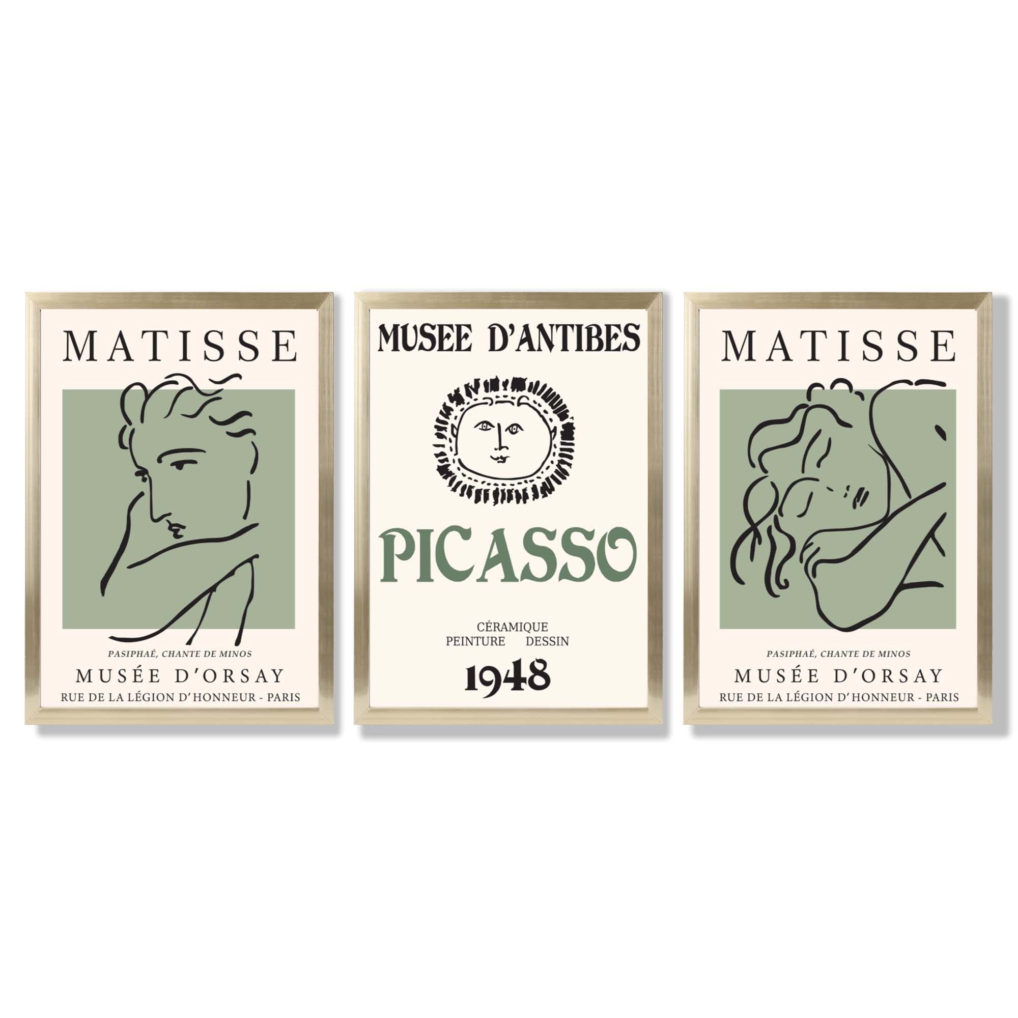 Modern Minimalist Fashion Set of 3 Green Framed Wall Art with Gold Wood Frames