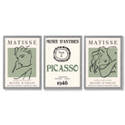 Modern Minimalist Fashion Set of 3 Green Framed Wall Art with Light Grey Wooden Frames