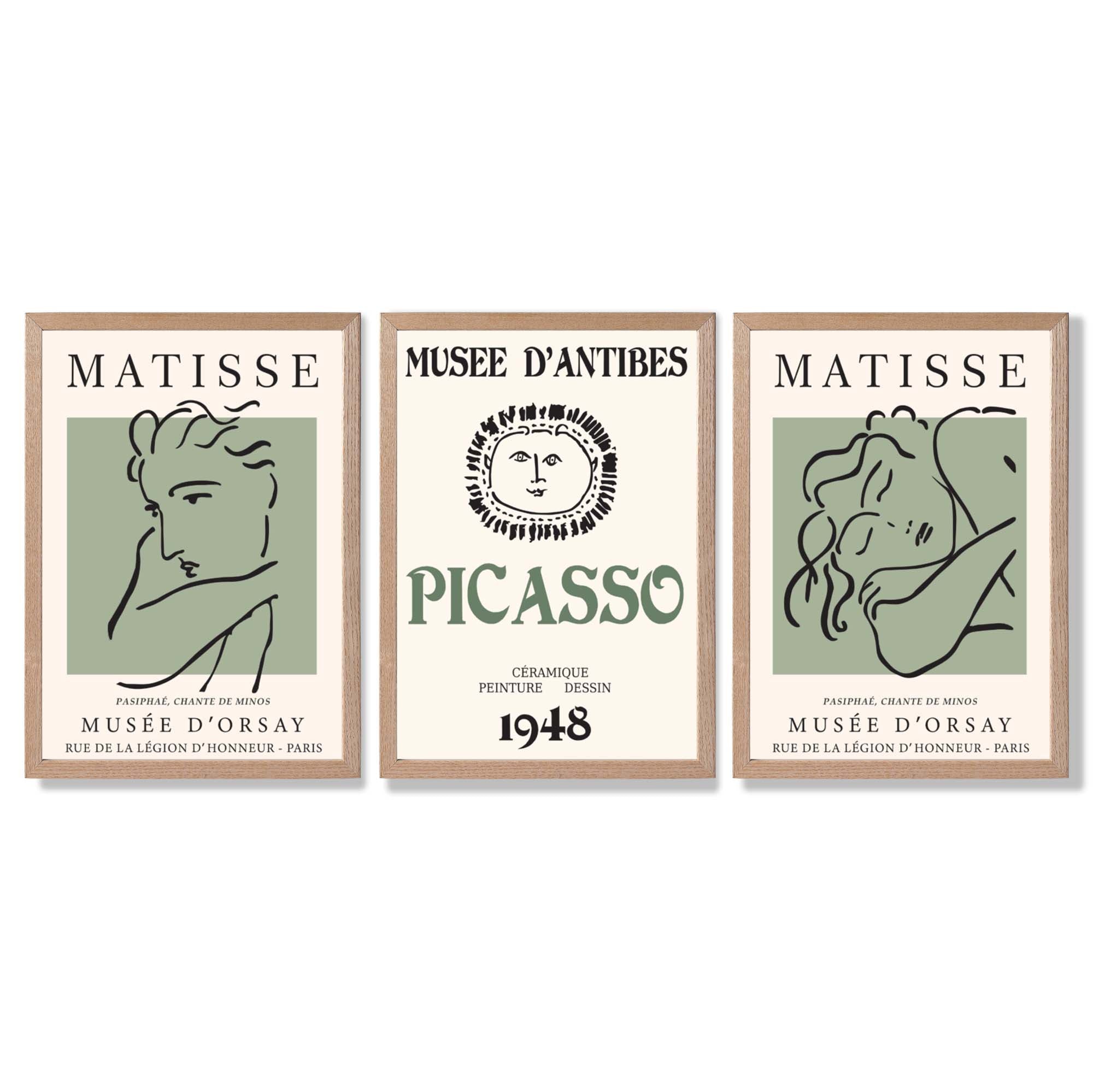 Modern Minimalist Fashion Set of 3 Green Framed Wall Art with Light Oak Frames