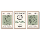 Modern Minimalist Fashion Set of 3 Green Framed Wall Art with Light Oak Frames