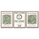Modern Minimalist Fashion Set of 3 Green Framed Wall Art with Light Walnut Frames