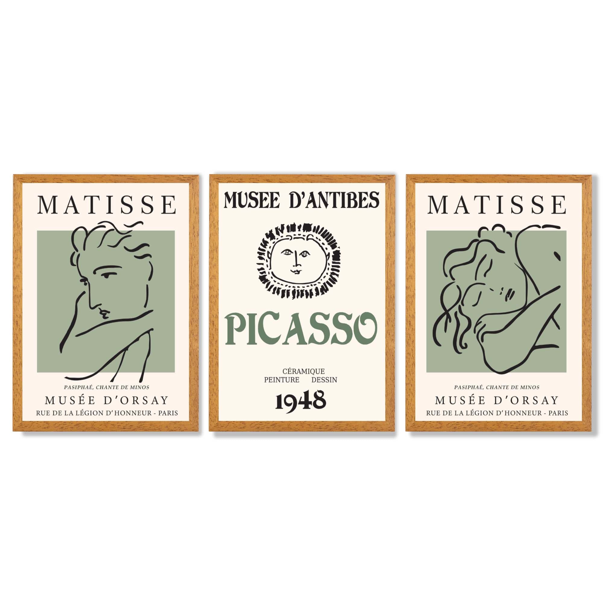 Modern Minimalist Fashion Set of 3 Green Framed Wall Art with Oak Wooden Frames