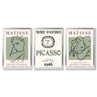 Modern Minimalist Fashion Set of 3 Green Framed Wall Art with Silver Wood Frames