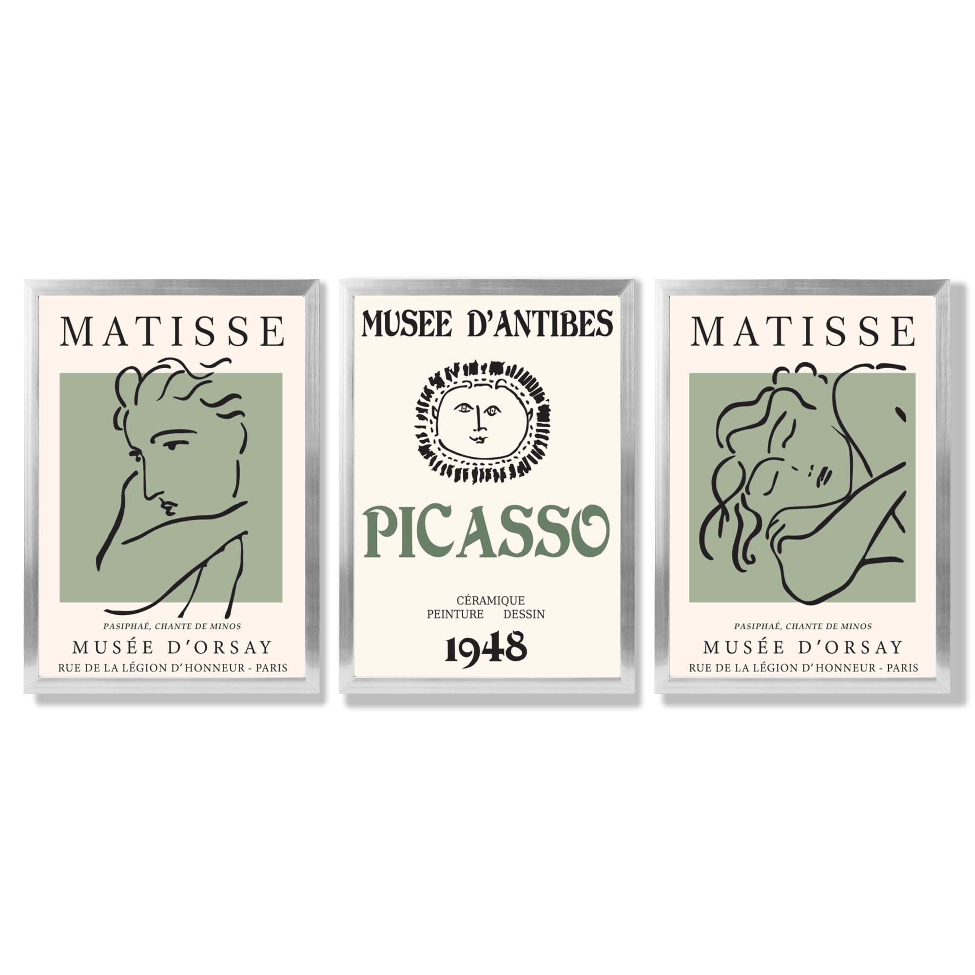 Modern Minimalist Fashion Set of 3 Green Framed Wall Art with Silver Wood Frames