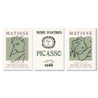 Modern Minimalist Fashion Set of 3 Green Framed Wall Art with White Wooden Frames
