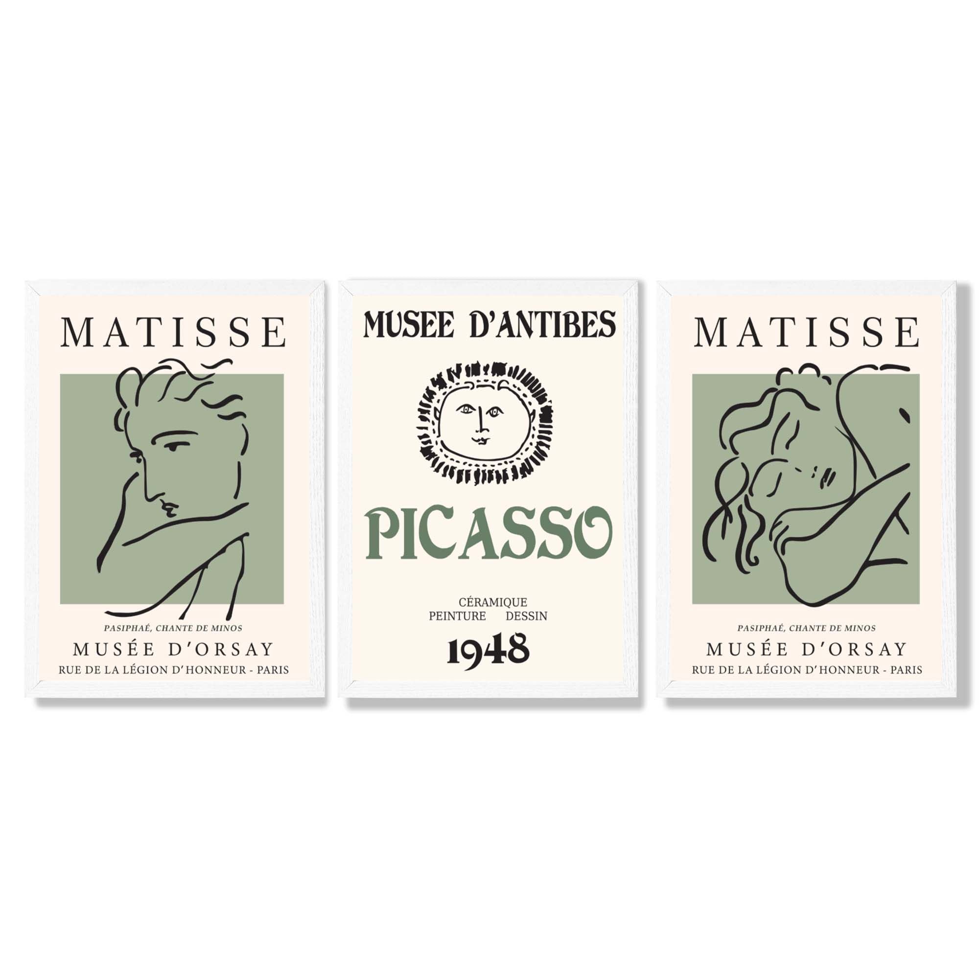 Modern Minimalist Fashion Set of 3 Green Framed Wall Art with White Wooden Frames