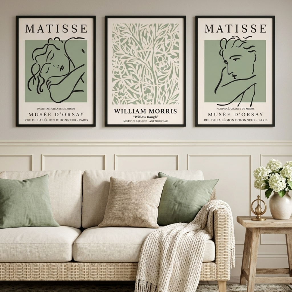 Three framed Matisse-style wall art prints hang above a cream sofa in a styled living room. The prints feature muted sage green and black line-art designs with text including 'MATISSE' and 'WILLIAM MORRIS.