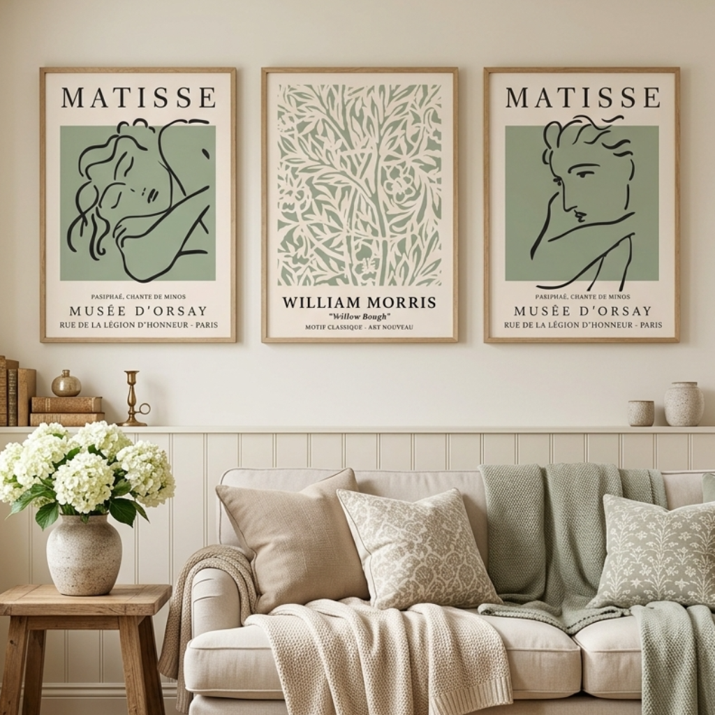 Three framed art prints featuring Matisse and William Morris designs hang on a cream wall above a beige sofa in a styled living room. The prints have muted green and beige tones with wood frames, and the room includes a wooden stool with a vase of white flowers, a knitted throw blanket, and patterned pillows.