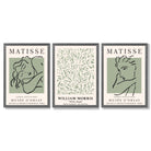 Modern Minimal Set of 3 Green Bedroom Framed Wall Art with Dark Grey Wooden Frames
