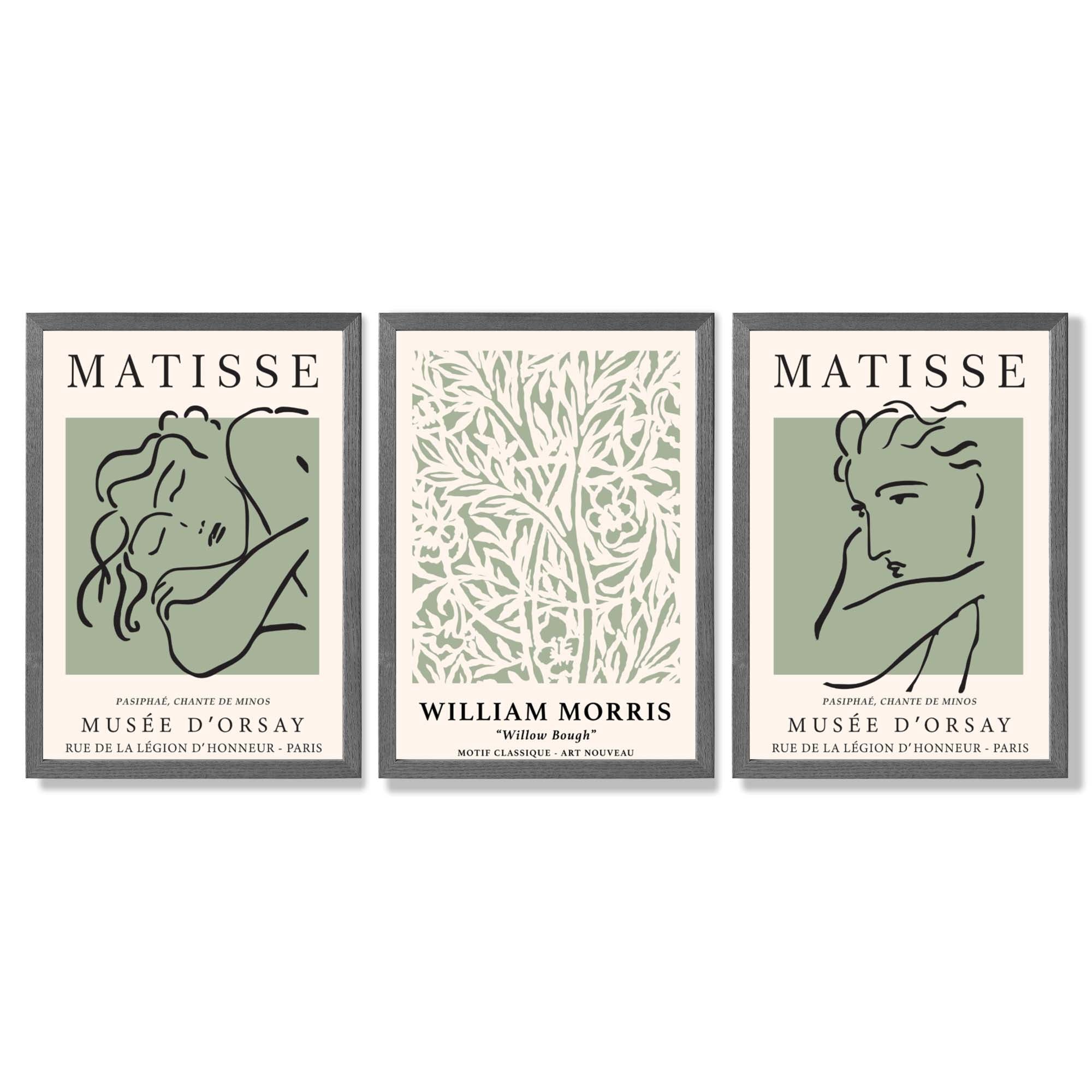 Modern Minimal Set of 3 Green Bedroom Framed Wall Art with Dark Grey Wooden Frames