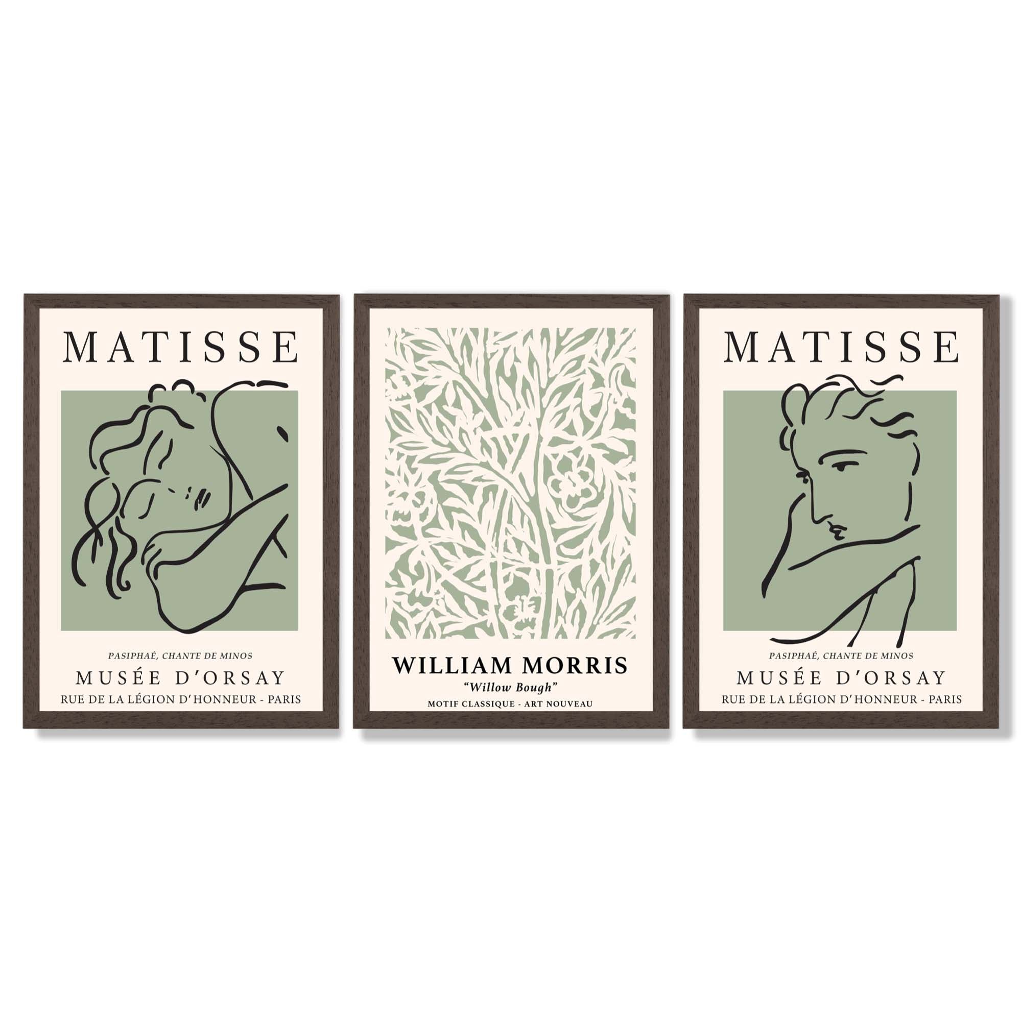 Modern Minimal Set of 3 Green Bedroom Framed Wall Art with Dark Wood Frames
