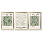 Modern Minimal Set of 3 Green Bedroom Framed Wall Art with Gold Wood Frames