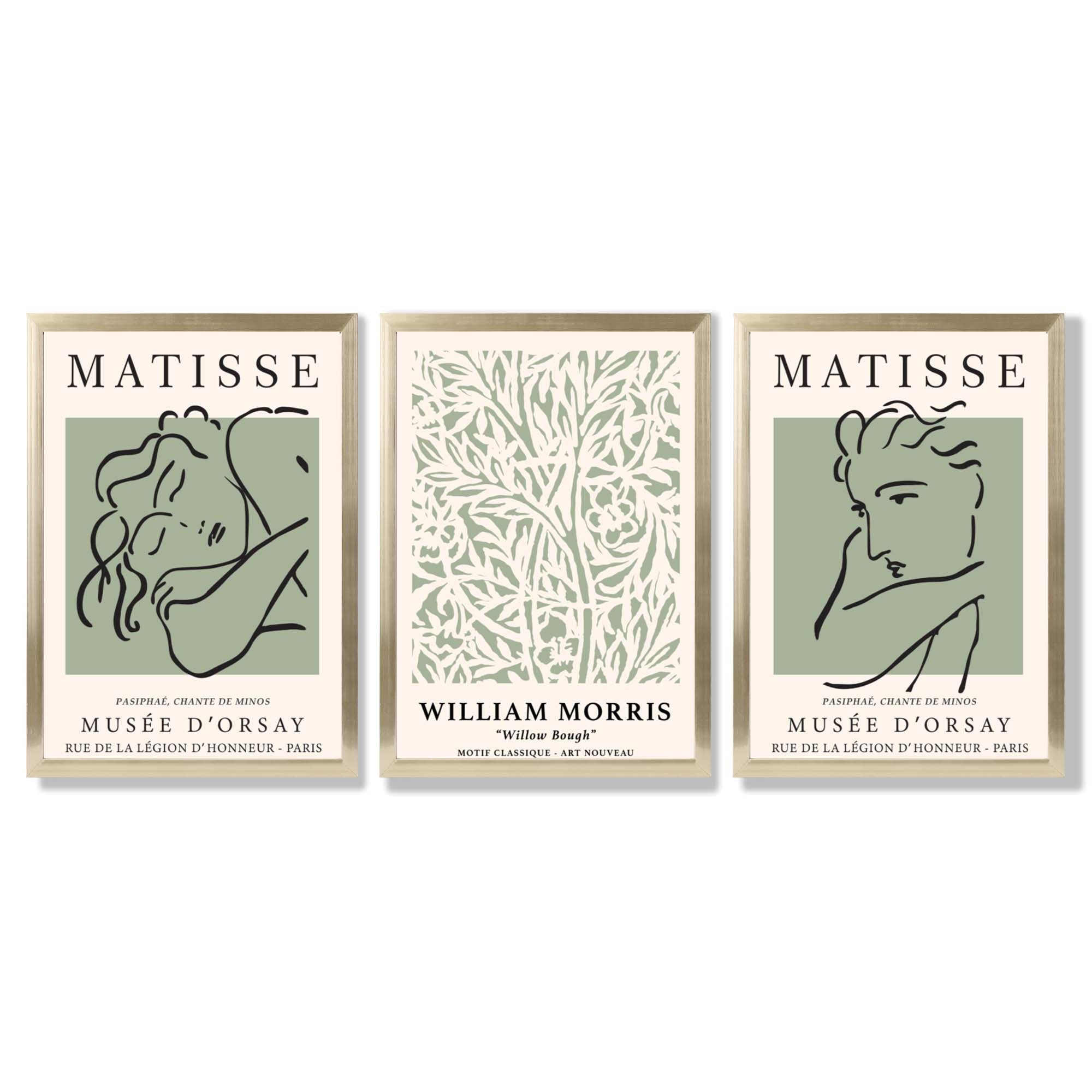 Modern Minimal Set of 3 Green Bedroom Framed Wall Art with Gold Wood Frames