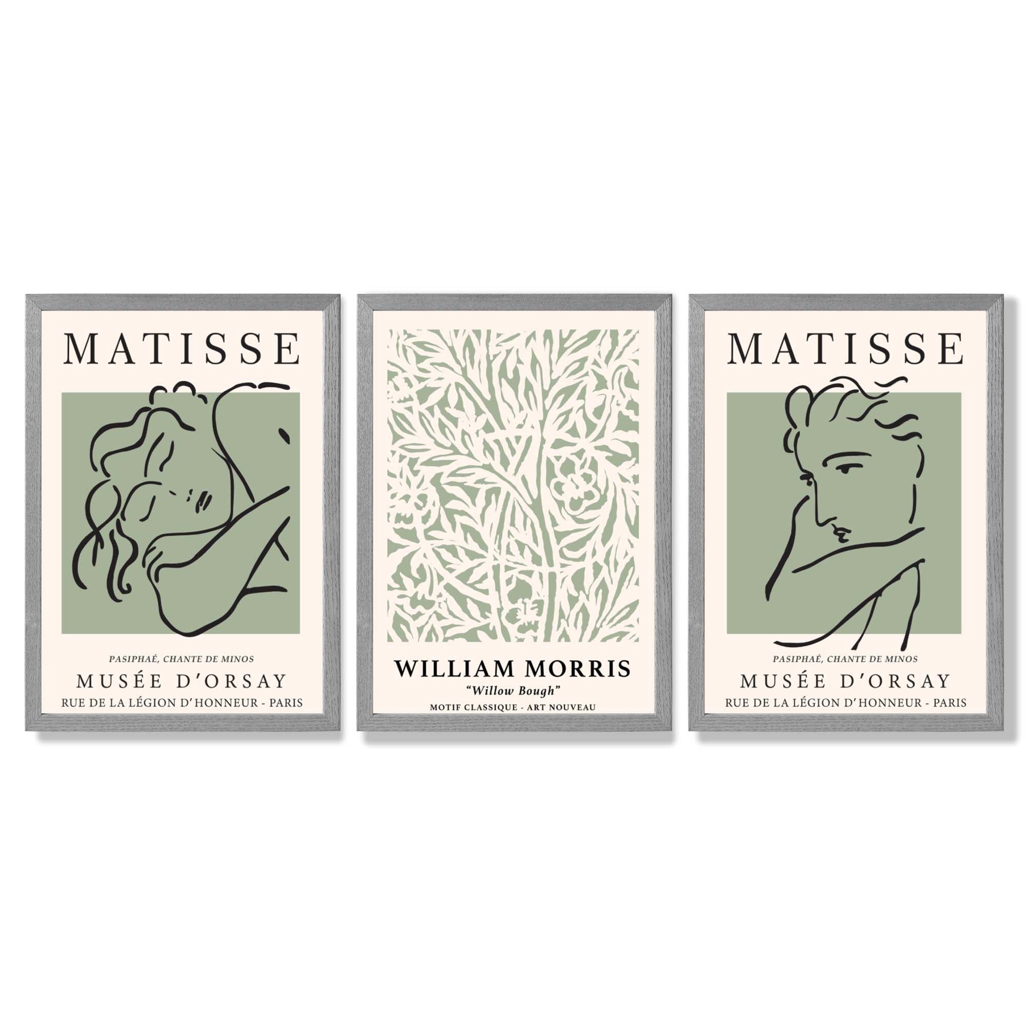 Modern Minimal Set of 3 Green Bedroom Framed Wall Art with Light Grey Wooden Frames