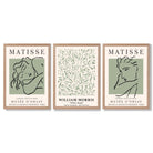 Modern Minimal Set of 3 Green Bedroom Framed Wall Art with Light Oak Frames