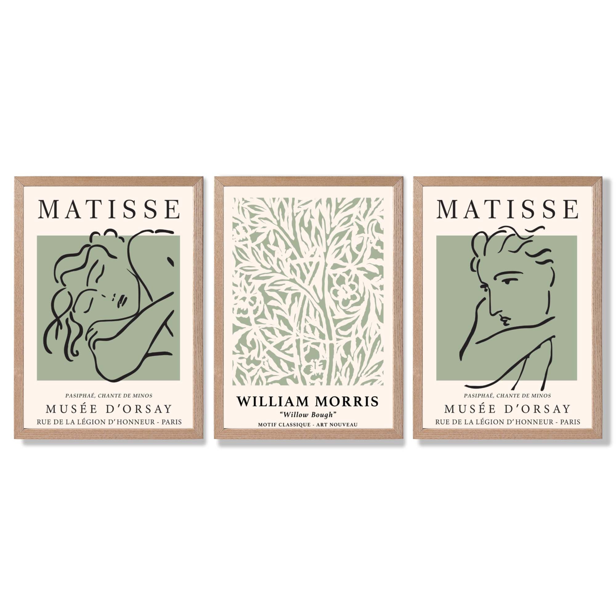 Modern Minimal Set of 3 Green Bedroom Framed Wall Art with Light Oak Frames