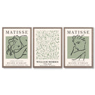 Modern Minimal Set of 3 Green Bedroom Framed Wall Art with Light Walnut Frames